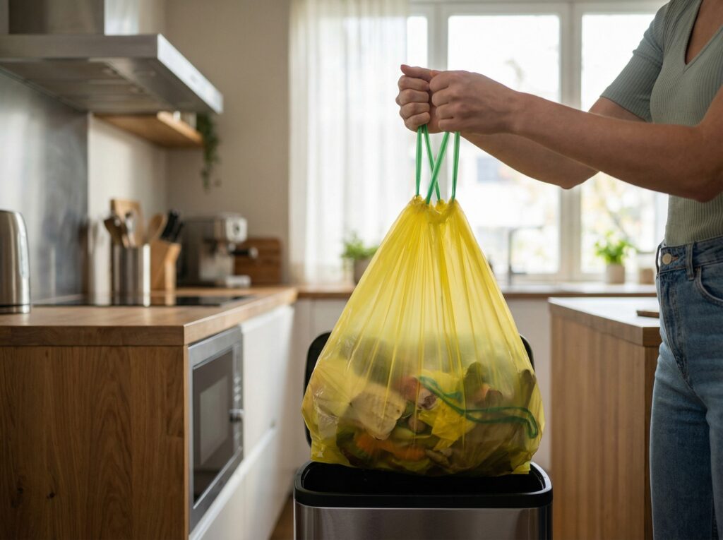 Мешки для мусора с завязками 35 л, 30 мкм, 10 штук, ПCД, желтые, для тяжелого и острого мусора прямое дно + ленты для затягивания - Вид 2